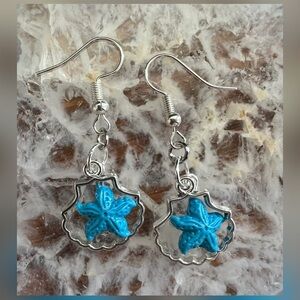 Striking Blue Starfish in a Shell Earrings